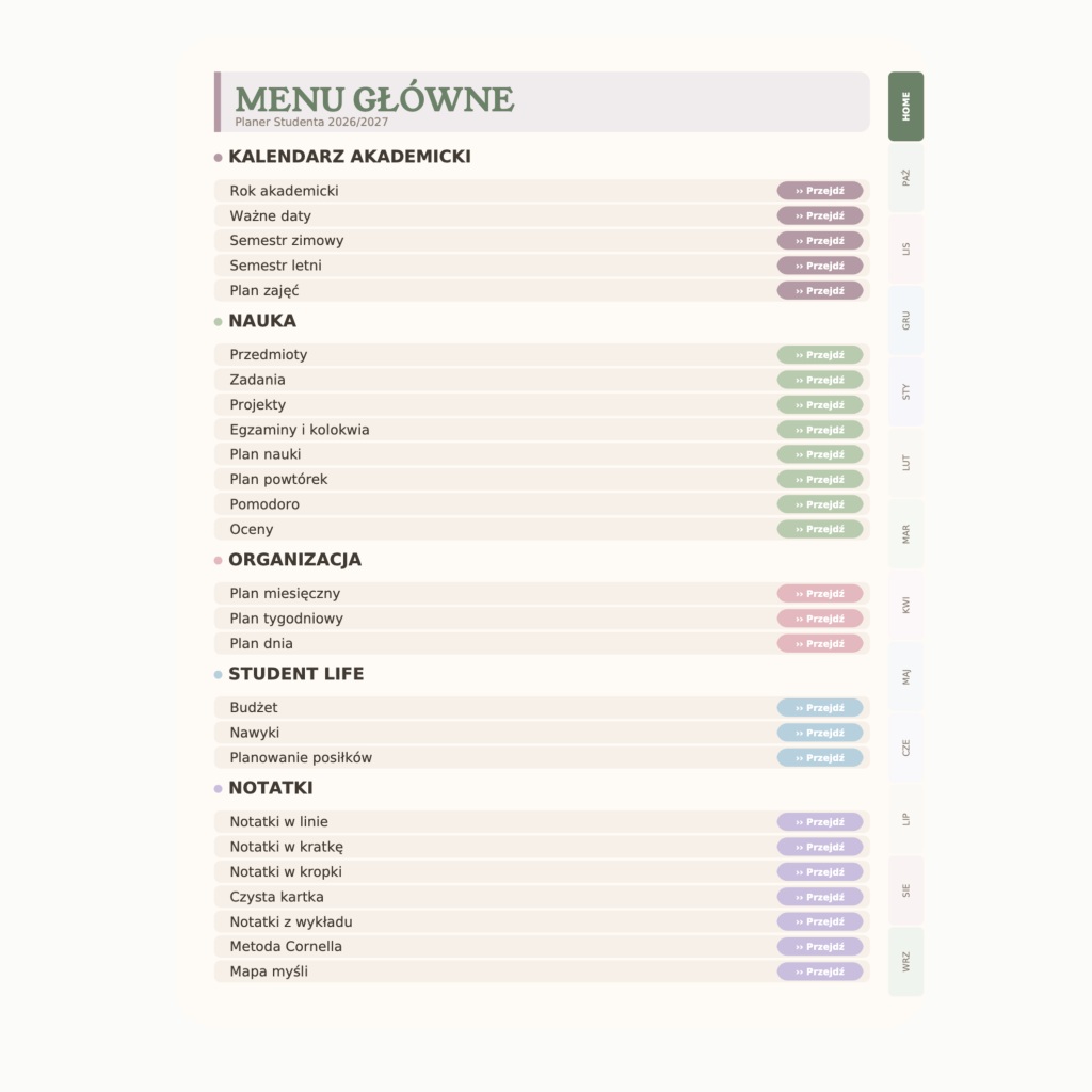 Cyfrowy Planer Studenta 2026/2027 (wersja pastelowa)