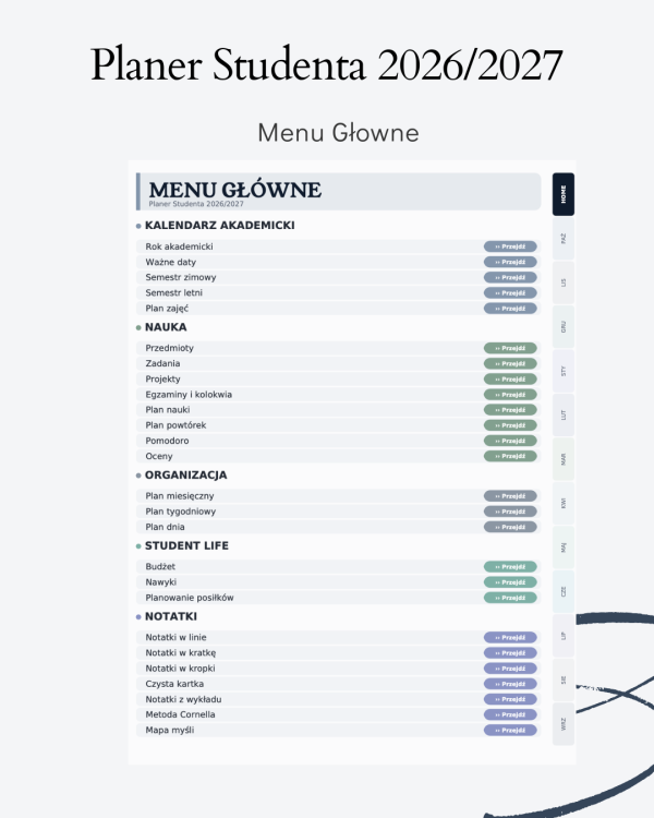 Cyfrowy Planer Studenta 2026/2027 – podgląd strony planera 2
