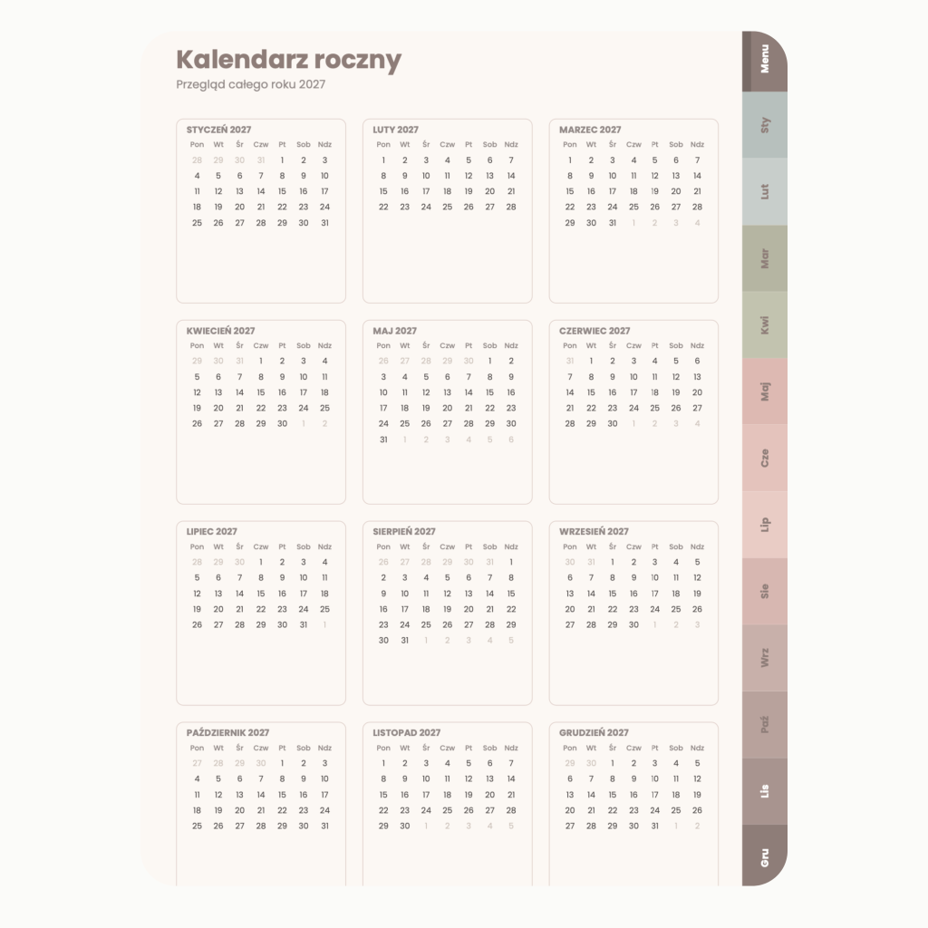 Cyfrowy Kalendarz 2027 / PDF do druku - Cicha Przystań