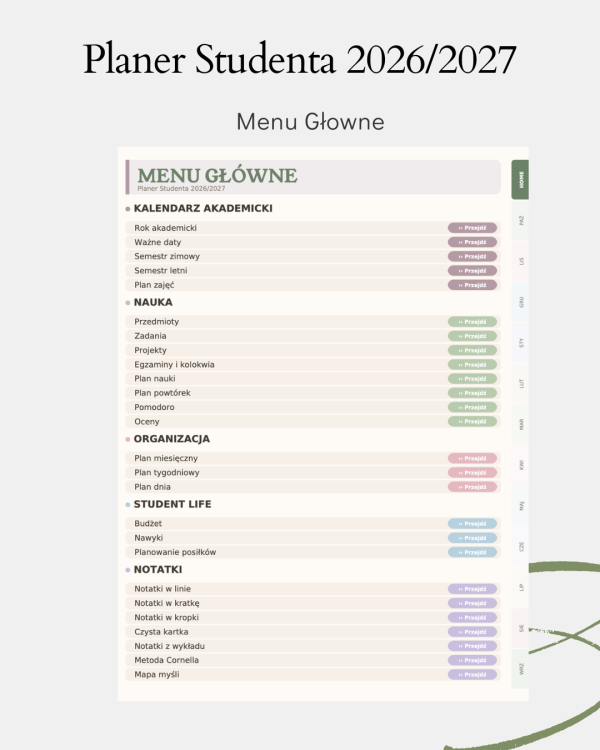 Cyfrowy Planer Studenta 2026/2027 – podgląd strony planera 2