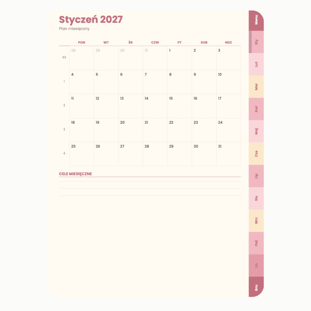 Cyfrowy Kalendarz 2027 / PDF do druku - Rok w Rytmie