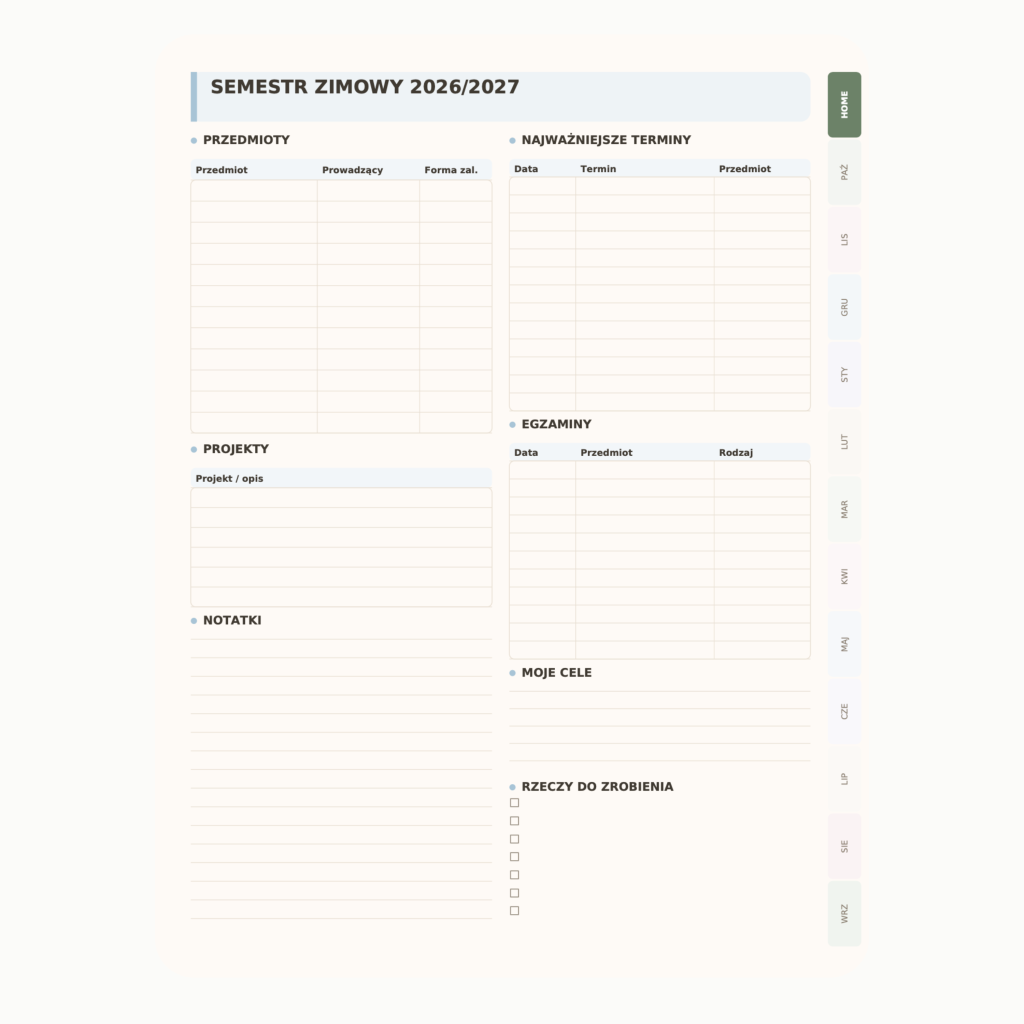 Cyfrowy Planer Studenta 2026/2027 (wersja pastelowa)