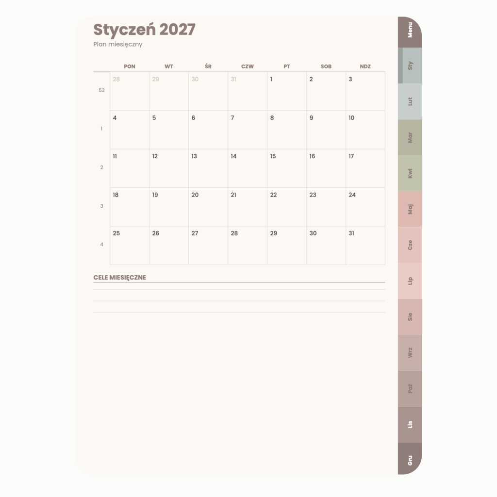 Cyfrowy Kalendarz 2027 / PDF do druku - Cicha Przystań