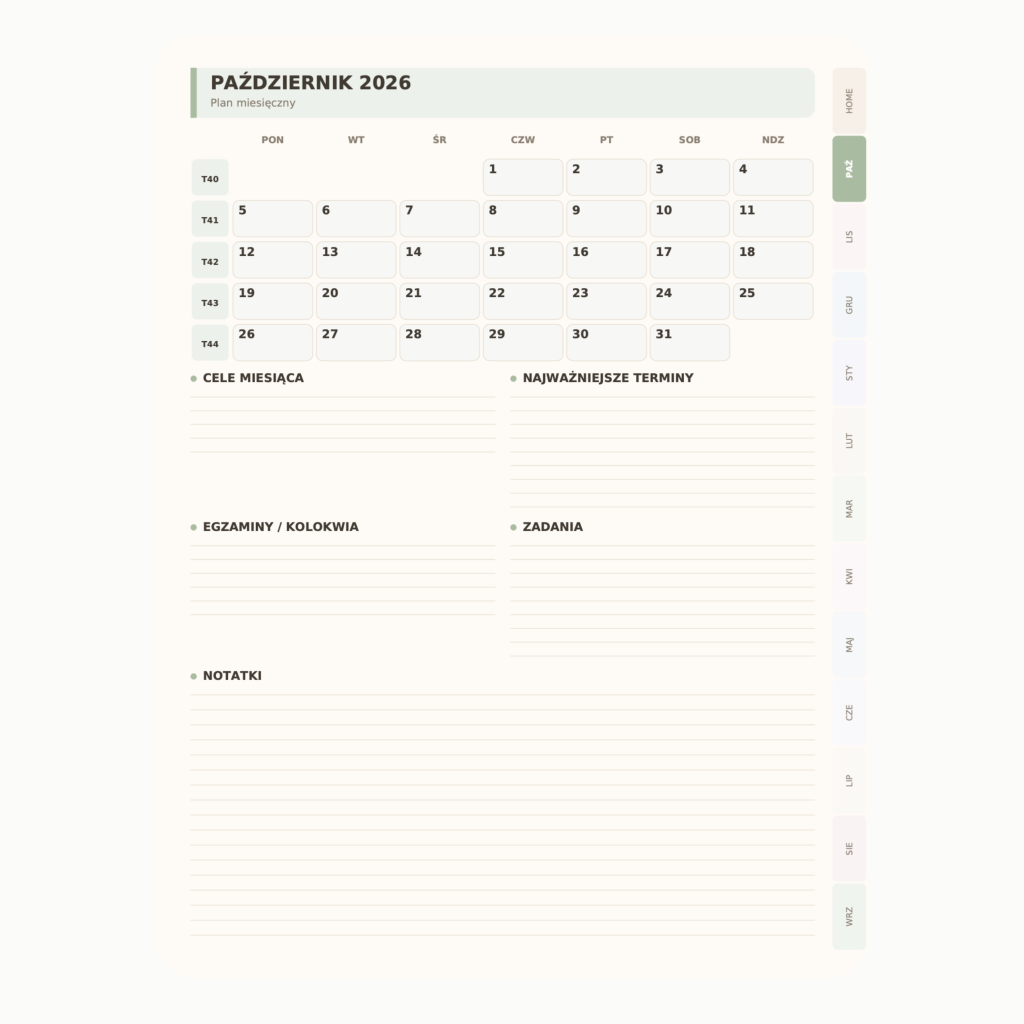 Cyfrowy Planer Studenta 2026/2027 (wersja pastelowa)