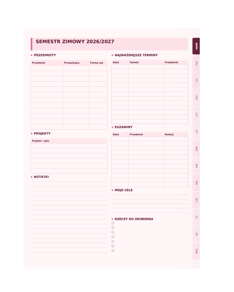 Cyfrowy Planer Studenta 2026/2027 (wersja pink)