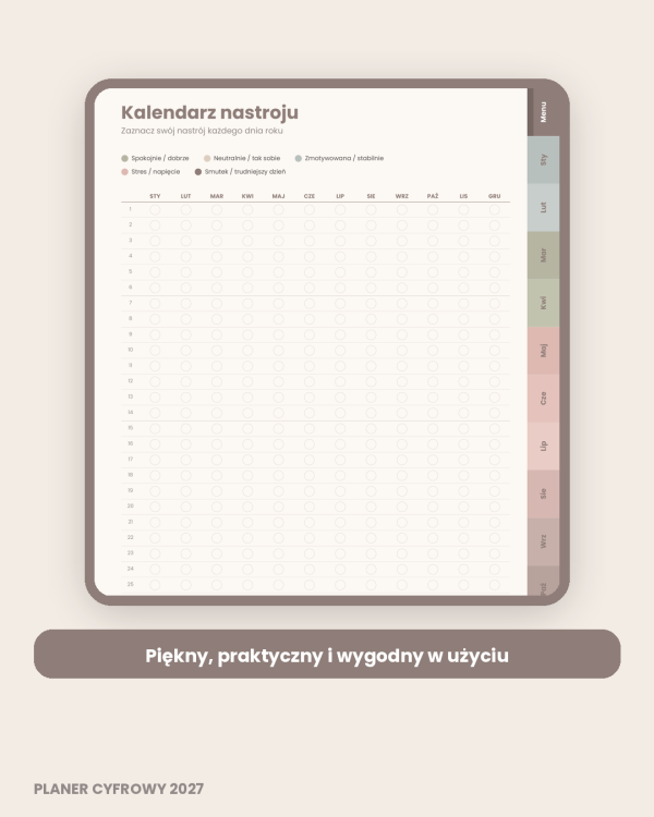 Cyfrowy Kalendarz 2027 / PDF do druku - Cicha Przystań – podgląd strony planera 2